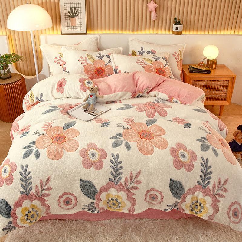 Coral Fleece Duvet Cover Sheet Flannel Pillowcase