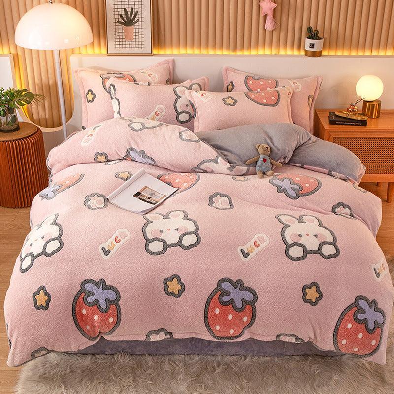 Coral Fleece Duvet Cover Sheet Flannel Pillowcase