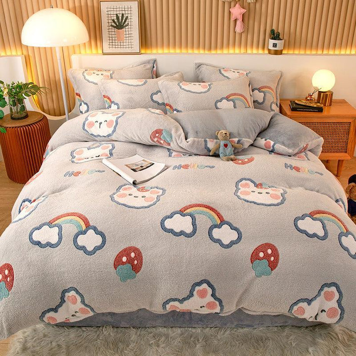 Coral Fleece Duvet Cover Sheet Flannel Pillowcase