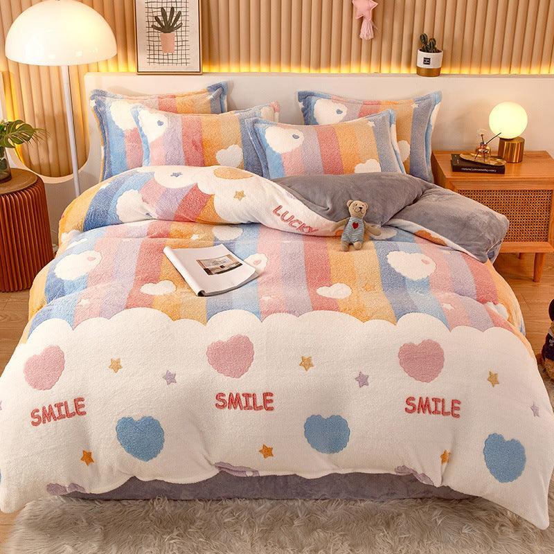 Coral Fleece Duvet Cover Sheet Flannel Pillowcase