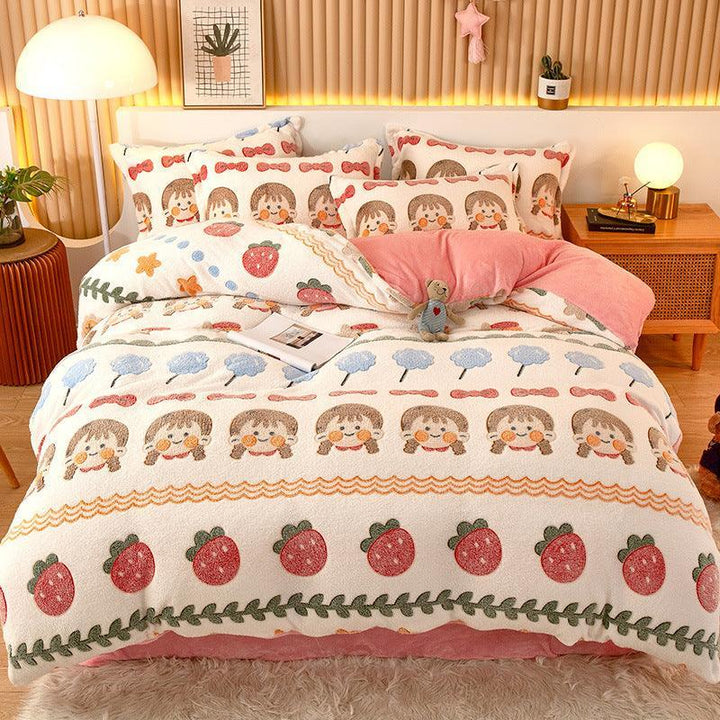 Coral Fleece Duvet Cover Sheet Flannel Pillowcase